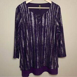JM Collection Blouse Women XL Purple Silver Metallic O-Ring Keyhole